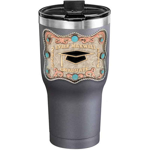 A customized tumbler made of stainless steel with a personalized engraved name and graduate cap figure, 30 oz, ideal for coffee or cool drinks